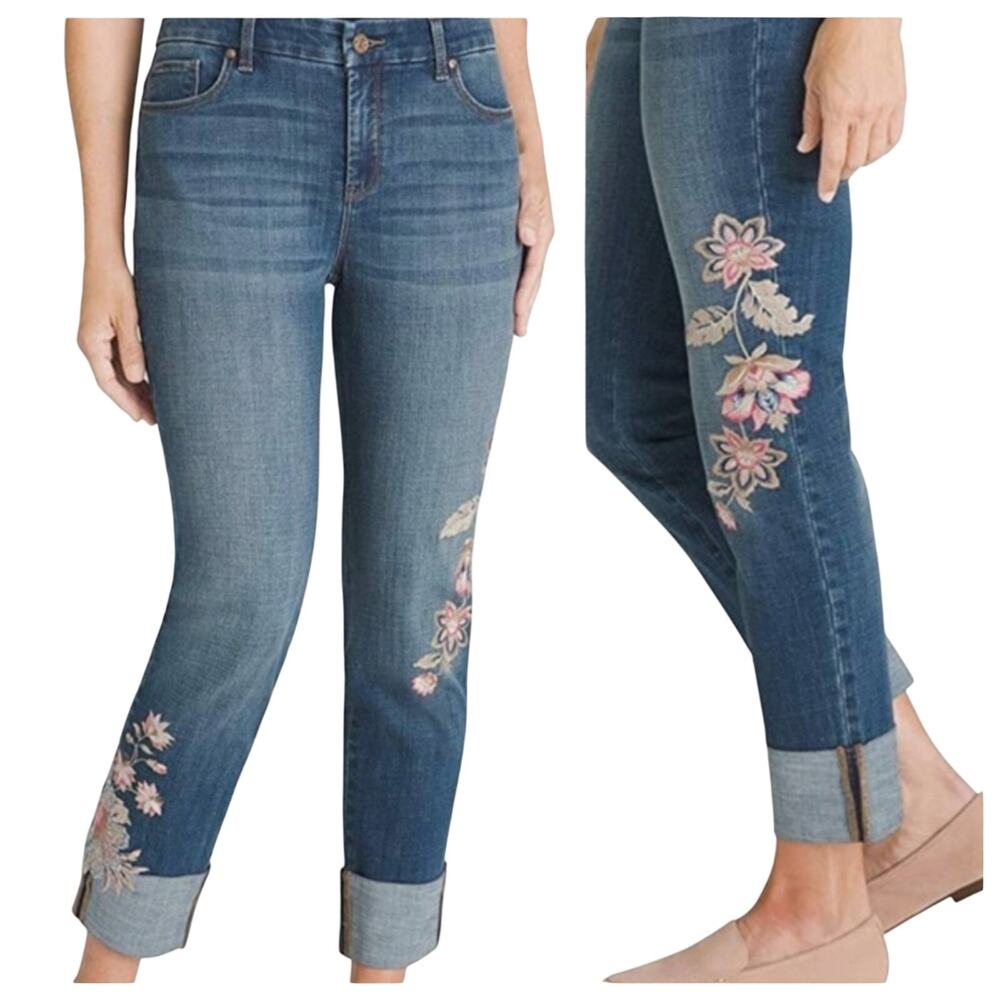 Chico's So Slimming Girlfriend Cropped Blue Jeans Floral Embroidery Women's 16P